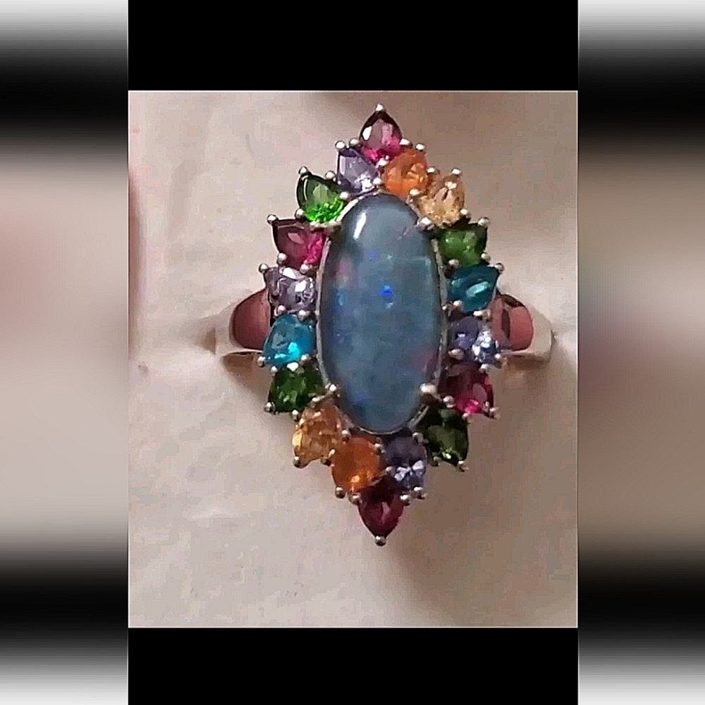 Australian Boulder Opal Multigemstone Ring Platinum Silver - Picture 3 of 8